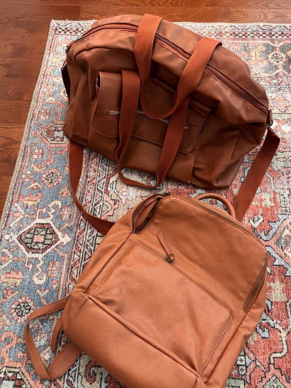 Leather Travel Duffle and Backpack Set in Cognac Brown